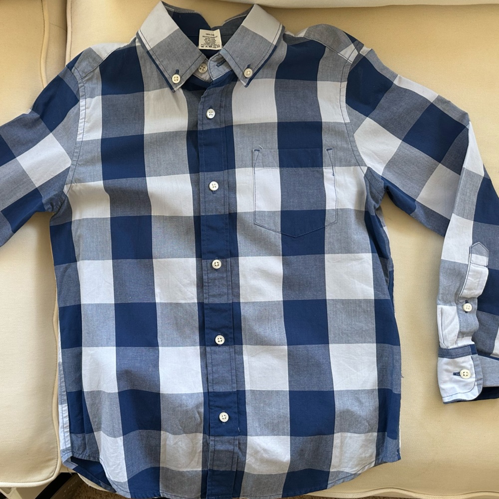 Crew Cuts (J Crew Kids’) long-sleeved blue checked button-down shirt.